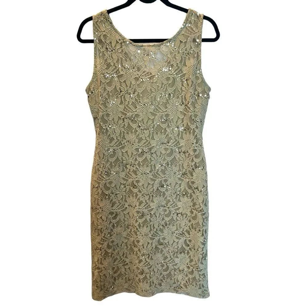 Ronni Nicole Sleeveless Dress Tan Floral Lace and Sequins Size 8